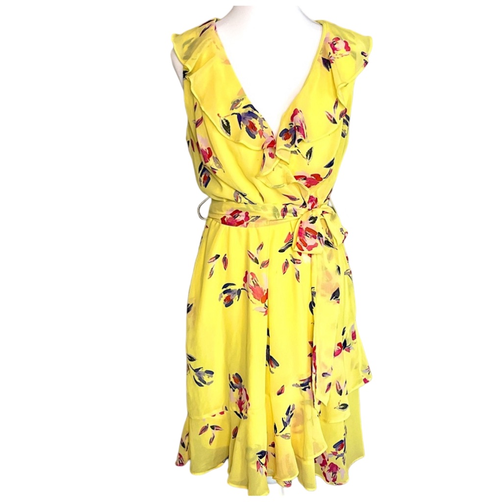 Dkny Yellow Floral Chiffon Faux Wrap Dress - Size 10 - Pristine Wedding